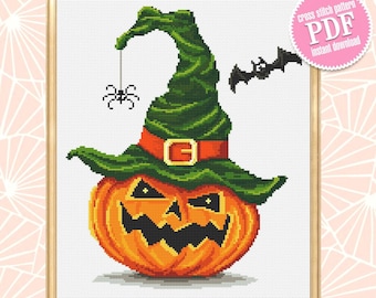 Happy Halloween cross stitch pattern download PDF Witch hat cross stitch Halloween pumpkin cross stitch chart Cute Halloween embroidery #H5