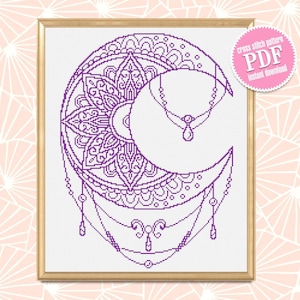 Moon mandala cross stitch pattern PDF download Crescent moon cross stitch chart, Simple mandala pattern digital PDF, Moon ornament #M162