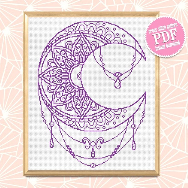 Moon mandala cross stitch pattern PDF download Crescent moon cross stitch chart, Simple mandala pattern digital PDF, Moon ornament #M162