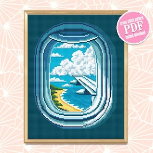 Airplane window cross stitch pattern download PDF Summer sea landscape cross stitch chart Nature cross stitch sampler Travel lover gift #L48