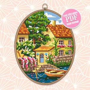 Summer home cross stitch pattern download PDF Village house cross stitch chart Nature landscape river cross stitch Home sweet home #L10