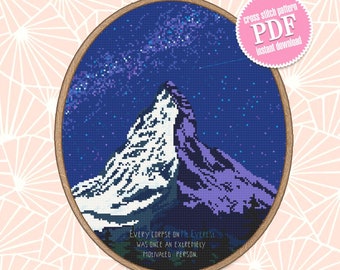 Modern cross stitch pattern download PDF Mountain landscape cross stitch Mount Everest beginner stitch Starry night sky Nature xstitch #L31