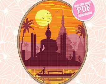 Thailand Buddha statue cross stitch pattern download PDF Nature landscape embroidery Sunset cross stitch Buddha painting stitch chart #L6