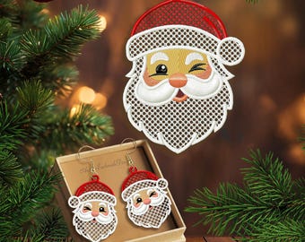 FSL Santa machine embroidery design download - earrings and ornament, Free Standing Lace Christmas pattern digital embroidery files