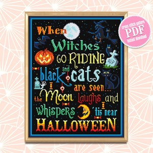 Halloween quotes cross stitch pattern download PDF Horror Halloween night cross stitch Magic xstitch chart Black witch cat embroidery #H18