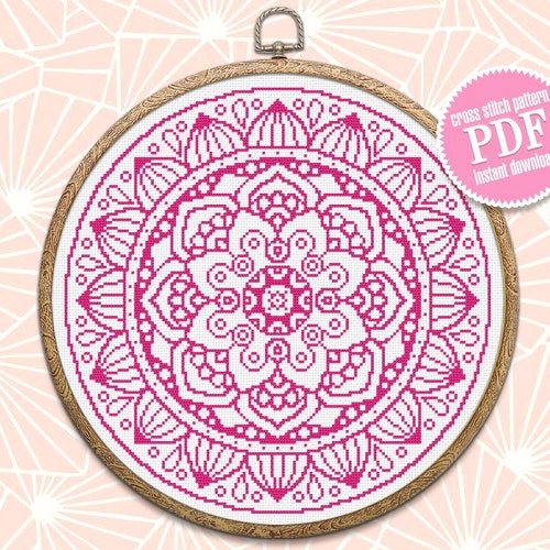 Lotus Mandala Cross Stitch Pattern Download PDF Monochrome - Etsy