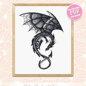 Dragon cross stitch pattern download PDF Fantasy animal cross stitch chart, Blackwork patterns Dragon embroidery PDF, Gothic home decor #D12