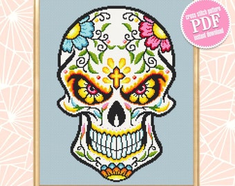 Halloween sugar skull cross stitch pattern download PDF Day of the Dead pattern PDF Mexican skull beginner stitch Flower skull painting #H27