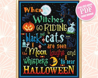 Halloween quotes cross stitch pattern download PDF Horror Halloween night cross stitch Magic xstitch chart Black witch cat embroidery #H18