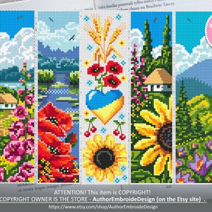 Bookmark set Ukraine cross stitch pattern PDF download Nature cross stitch chart, Bookmark pattern digital PDF, Sunflower, Village #B234