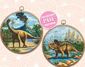Dinosaur cross stitch pattern download PDF Ancient animal cross stitch set, Dinosaur world cross stitch Nature landscape embroidery PDF #S55