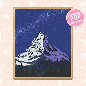 Mount Everest Kreuzstichvorlage Download PDF Berglandschaft Kreuzstichvorlage Natur Anfängerstich Sternenhimmel digital #L32