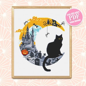 Halloween cross stitch pattern download PDF Halloween moon cross stitch Spooky xstitch chart Halloween embroidery Black cat cross stitch #H9