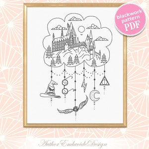 Patrones de blackwork de castillo mágico (PDF), gráfico de punto de cruz de la escuela de magos, descarga de PDF de bordado a mano de atrapasueños, punto de cruz Fandom #W15