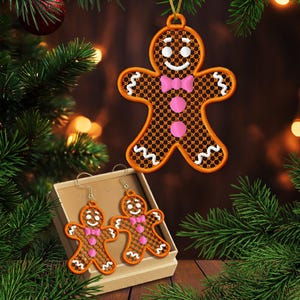 May include: A gingerbread man Christmas ornament and a pair of matching earrings. The ornament is hanging from a gold string. The earrings are in a small box. The gingerbread men have white icing details, pink bow ties, and pink buttons. The background includes Christmas tree branches and lights.