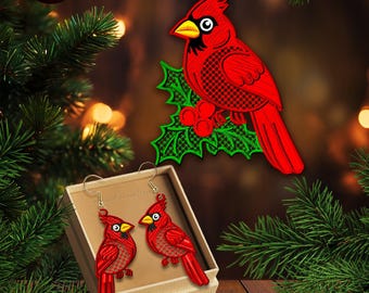 Motif de broderie machine Cardinal de Noël FSL Boucles d'oreilles FSL avec cardinal rouge, fichiers de broderie numériques, décoration de sapin de Noël à télécharger # FS1