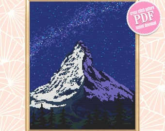 Mount Everest cross stitch pattern download PDF Mountain landscape cross stitch chart Nature beginner stitch Starry night sky digital #L32