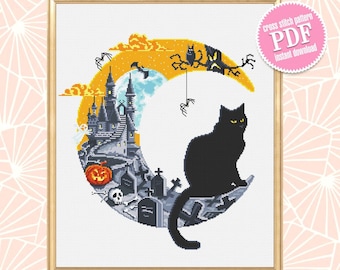 Halloween cross stitch pattern download PDF Halloween moon cross stitch Spooky xstitch chart Halloween embroidery Black cat cross stitch #H9