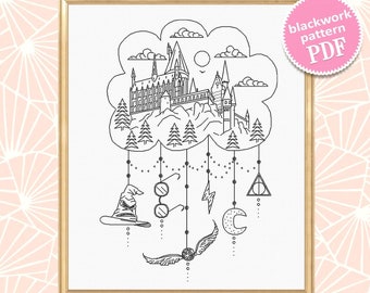 Magic castle blackwork patterns PDF Wizard school cross stitch chart, Dreamcatcher hand embroidery PDF download, Fandom cross stitch #W15