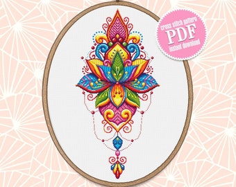 蓮の花の曼荼羅クロスステッチパターン PDF ダウンロード 花の曼荼羅刺繍 PDF、虹の蓮のクロスステッチチャート、インドの曼荼羅 #M198