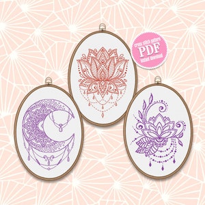 Flower Mandala set cross stitch pattern download PDF Lotus mandala cross stitch, Mandala ornament crescent moon cross stitch chart #S37