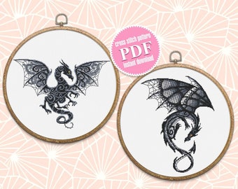 Dragon set cross stitch pattern download PDF Fantasy animal cross stitch chart, Dragon embroidery PDF, Blackwork patterns, Dragon art #D13