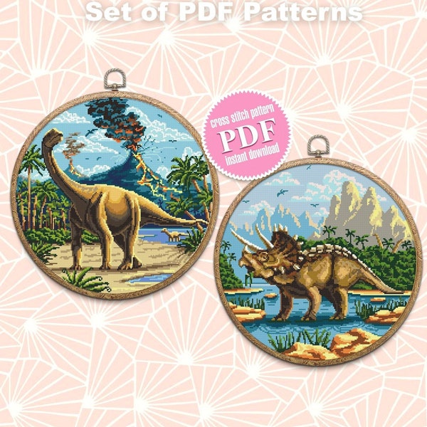 Dinosaur cross stitch pattern download PDF Ancient animal cross stitch set, Dinosaur world cross stitch Nature landscape embroidery PDF #S55