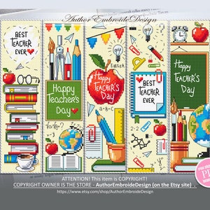 Könnte beinhalten: Vier bunte Lesezeichen mit Kreuzstichmustern, die Schulsachen, Bücher und den Text "Bester Lehrer aller Zeiten", "Frohen Lehrertag" und "Frohen Lehrertag" zeigen.