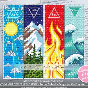 May include: Four colorful bookmark designs featuring the elements of air, earth, fire, and water. Each bookmark has a simple triangle symbol with the element name inside. The air bookmark shows a sun and clouds, the earth bookmark shows a mountain range with trees, the fire bookmark shows a flame, and the water bookmark shows a wave.