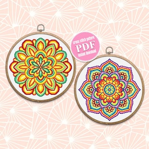 Colorful mandala set cross stitch pattern download PDF, Floral ornament cross stitch chart, Mandala digital PDF, Bright mandala pattern #S7