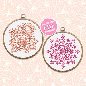 Mandala set cross stitch pattern download PDF, Monochrome mandala embroidery, Floral ornament cross stitch chart, Mandala digital PDF #S19