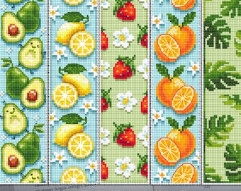 Bookmark set cross stitch pattern download PDF Handmade bookmark pattern digital PDF, Fruit cross stitch Orange pattern, Monstera leaf #B118