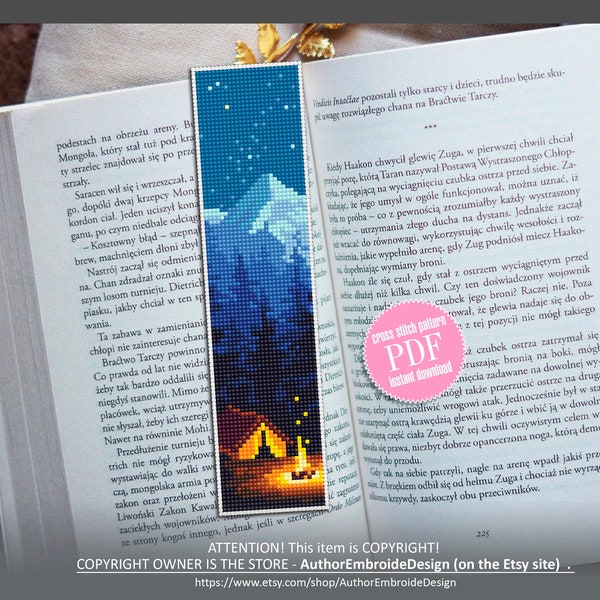Bookmark camping cross stitch pattern digital PDF Handmade bookmark nature embroidery beginners Instant download Gift for book lover #B4
