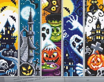 Marcador de Halloween set patrón de punto de cruz descargar PDF Marcador hecho a mano lindo bordado de Halloween Kawaii Halloween Libro amante regalo #B56