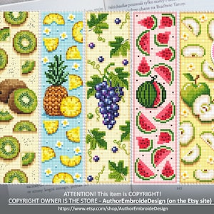Bookmark set cross stitch pattern download PDF Handmade bookmark pattern digital PDF, Tropical fruit cross stitch Pineapple, Grapevine #B147