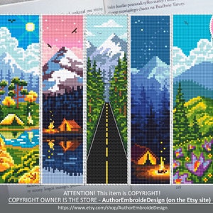 Nature Bookmark set cross stitch pattern download PDF Handmade bookmark pattern digital PDF, Camping cross stitch, Mountain landscape #B115