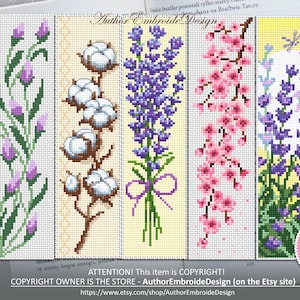 Flower bookmark set cross stitch pattern PDF download Floral bookmark for women, Bookmark pattern digital PDF Lavender, Sakura, Cotton #B265