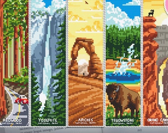Patrón de punto de cruz para marcapáginas de Parque Nacional, descarga en PDF Gráfico de punto de cruz de naturaleza, Patrón de marcador digital en PDF, Arte de Yellowstone #B174