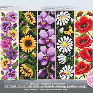 Bladwijzer bloemenset kruissteekpatroon pdf-download Bloemen bladwijzer voor vrouwen, bladwijzerpatroon digitale pdf, rode klaprozen, viooltje #B236