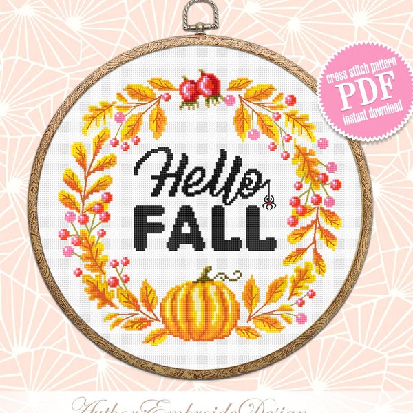Fall wreath cross stitch pattern PDF instant download Halloween pumpkin cross stitch chart, Autumn wreath pattern, Thanksgiving wreath #Q57