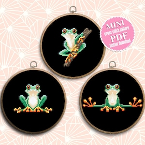 Small tree frog cross stitch pattern PDF Set of 3 frog patterns instant download, Mini cross stitch chart Red eyed tree frog embroidery #K19