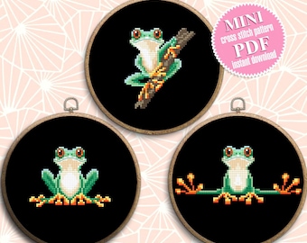 Kleine boomkikker kruissteekpatroon PDF Set van 3 kikkerpatronen direct downloaden, mini kruissteekkaart Rode ogen boomkikker borduurwerk #K19
