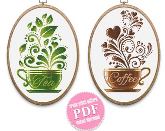 Coffee tea set cross stitch pattern download PDF Modern sampler coffee embroidery beginners Easy cute cross stitch kitchen decoration #S61
