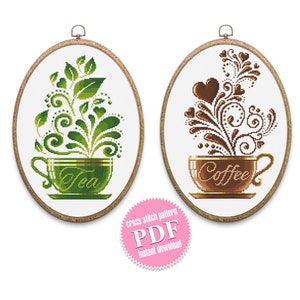 Coffee tea set cross stitch pattern download PDF Modern sampler coffee embroidery beginners Easy cute cross stitch kitchen decoration #S61
