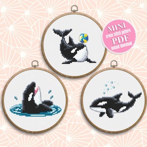 Killer whale cross stitch pattern PDF Set of 3 orca whale patterns instant download, Small cross stitch chart, Sea animals embroidery #K18