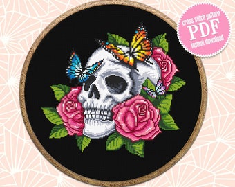 Human skull with flowers cross stitch pattern PDF download Gothic cross stitch chart, Day of the dead, Floral skull embroidery PDF #H59