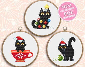 Set Christmas cats cross stitch pattern download PDF, Cute black cat embroidery PDF, Christmas cross stitch chart, Funny home cat decor #N77