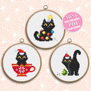 Set Christmas cats cross stitch pattern download PDF, Cute black cat embroidery PDF, Christmas cross stitch chart, Funny home cat decor #N77