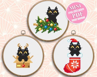 Set Christmas cats cross stitch pattern download PDF, Cute black cat embroidery PDF, Christmas small cross stitch, Funny home cat decor #N79