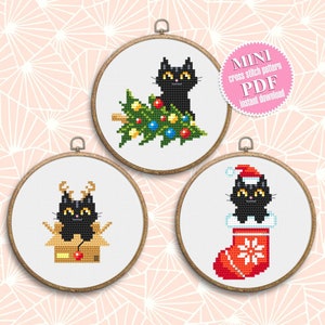 Set Christmas cats cross stitch pattern download PDF, Cute black cat embroidery PDF, Christmas small cross stitch, Funny home cat decor #N79